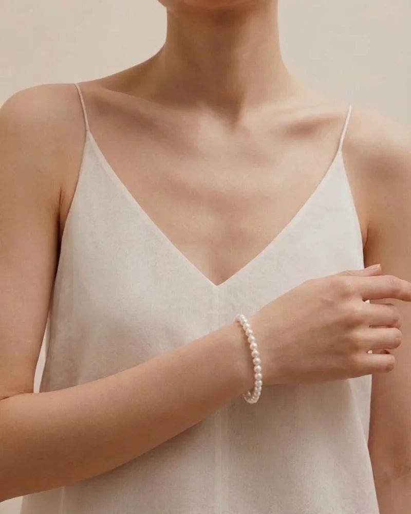 6-6.5mm Dainty White Pearl Bracelet, S925 Sterling Silver Freshwater Pearl Jewelry
