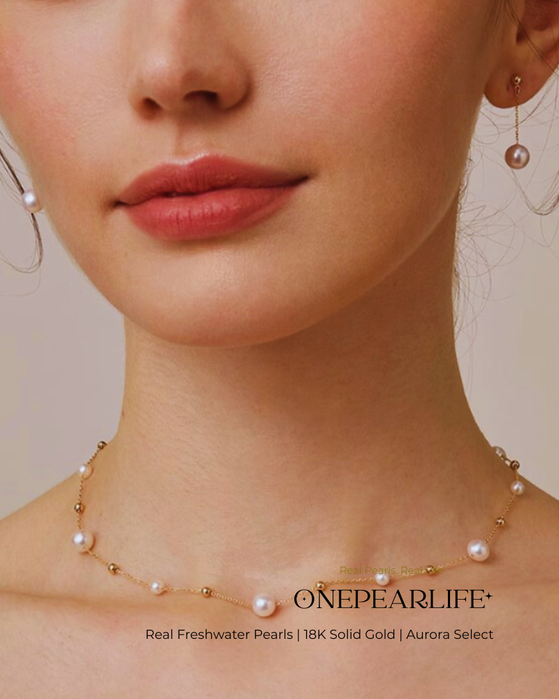 Celeste – AAA+ Quality Japanese Akoya Natural Pearl Station Necklace | 5–5.5mm | 18K Gold Onepearlife