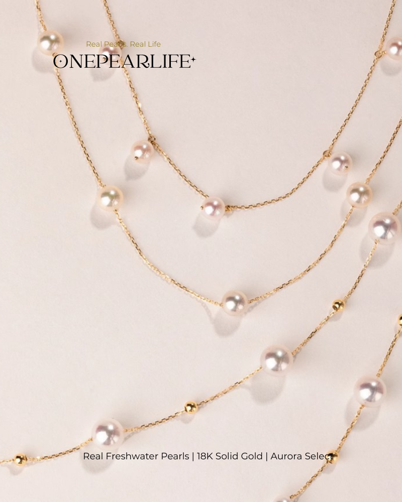 Celeste – AAA+ Quality Japanese Akoya Natural Pearl Station Necklace | 5–5.5mm | 18K Gold Onepearlife