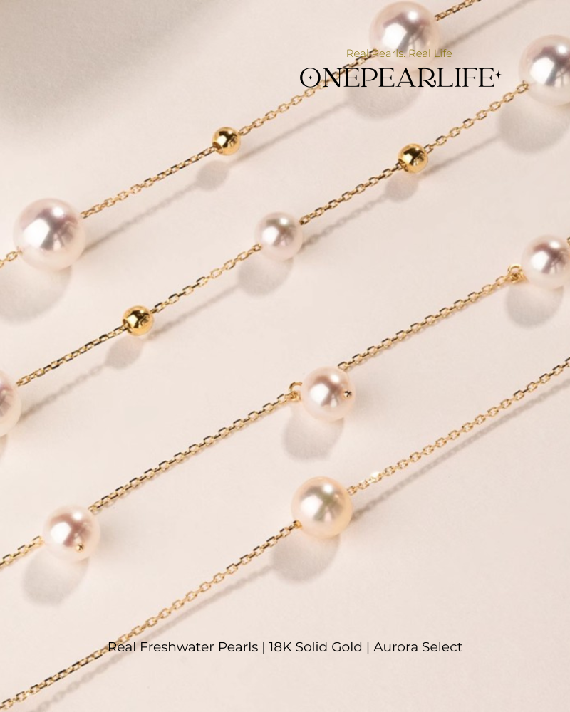 Celeste – AAA+ Quality Japanese Akoya Natural Pearl Station Necklace | 5–5.5mm | 18K Gold Onepearlife