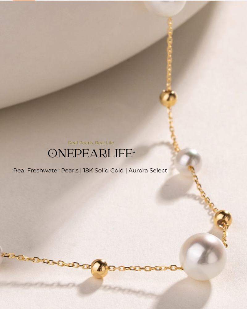 Celeste – AAA+ Quality Japanese Akoya Natural Pearl Station Necklace | 5–5.5mm | 18K Gold Onepearlife