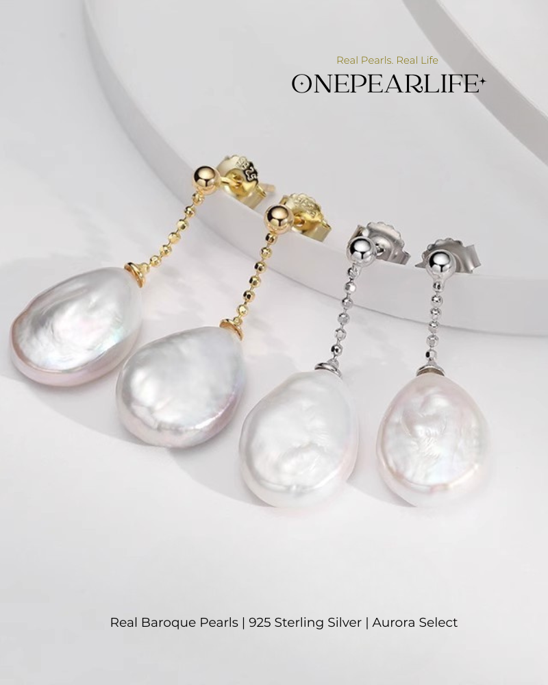 Celia – AAA Quality Natural Baroque Pearl Earrings | 14×11mm | 18K Gold Vermeil or 925 Sterling Silver Onepearlife