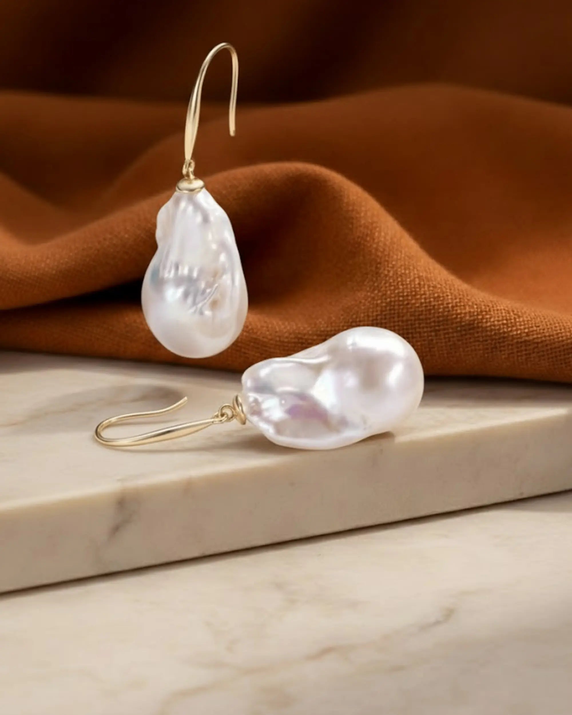 Celia – Unique AAA Natural Baroque Pearl Hook Gold Earrings