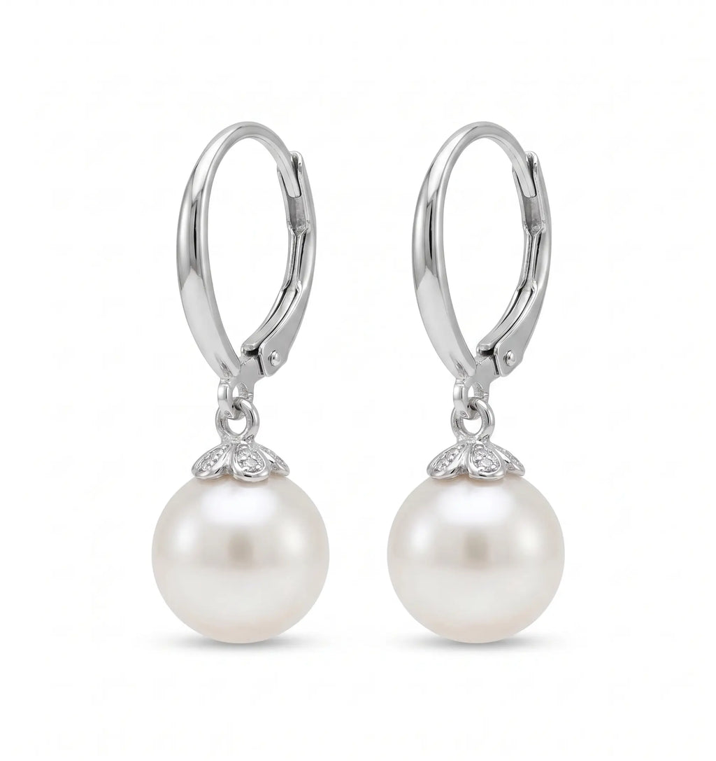 Dainty Akoya Drop Hoop Pearl Earrings - 18K White Gold Plated Sterling Silver