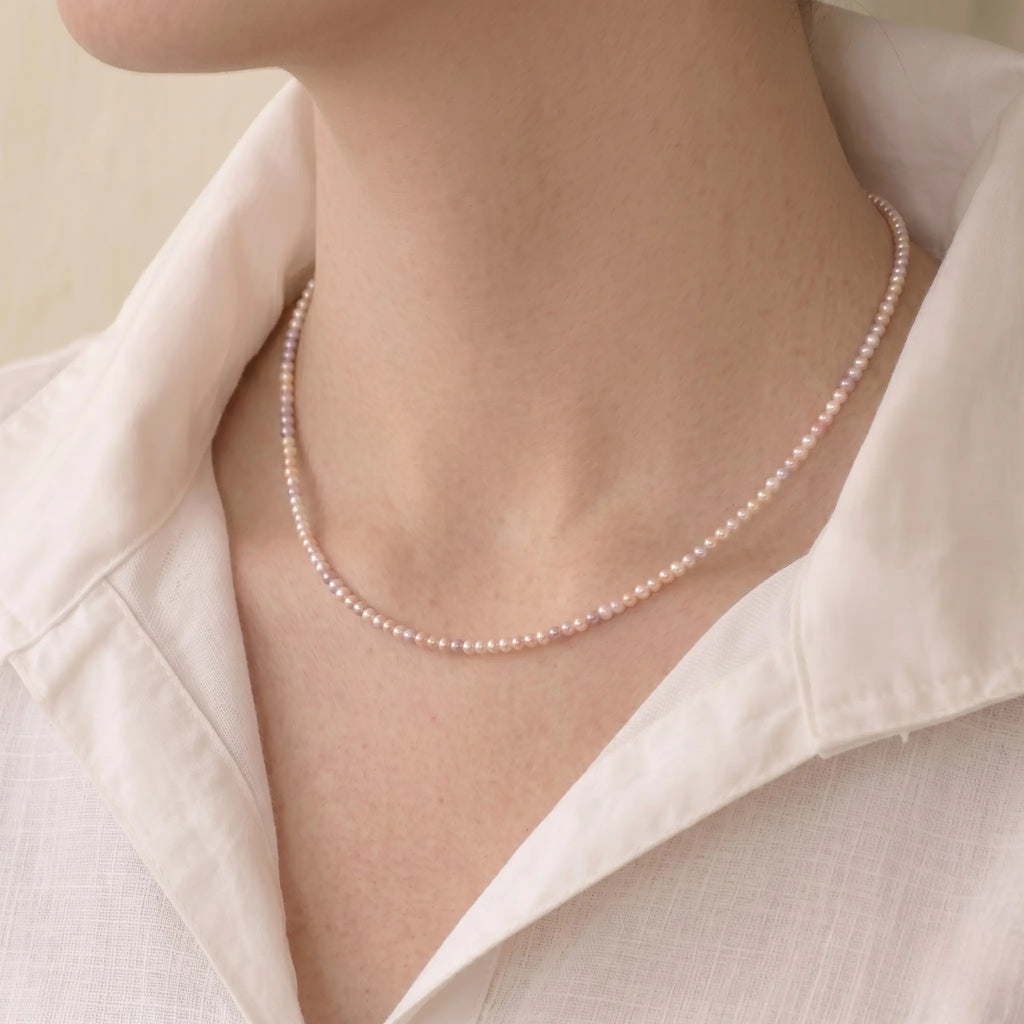 18K Solid Gold Dainty 3-3.5mm Natural Multicolor Freshwater Pearl Necklace