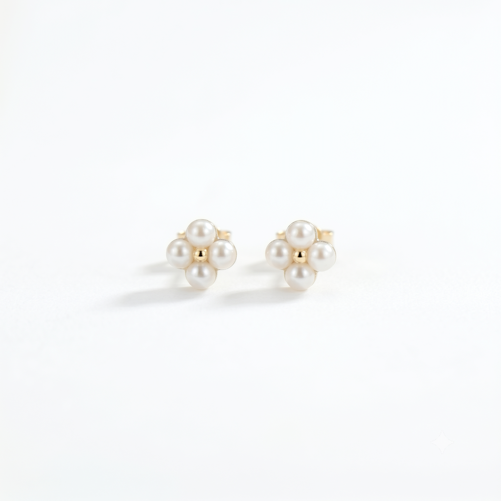 Dainty 18K solid gold berry pearl station earrings featuring tiny freshwater pearls with a delicate floating design.