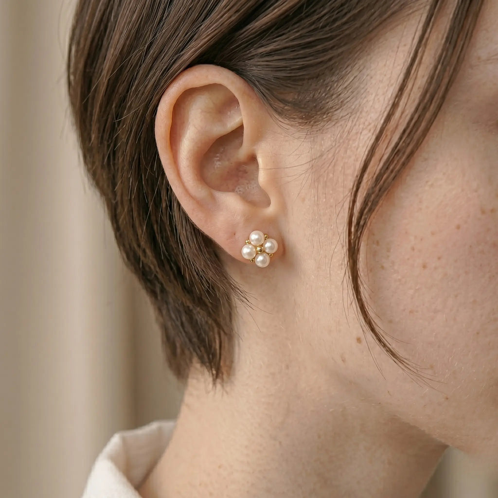 Dainty 18K Solid Gold Berry Pearl Station Earrings for Women