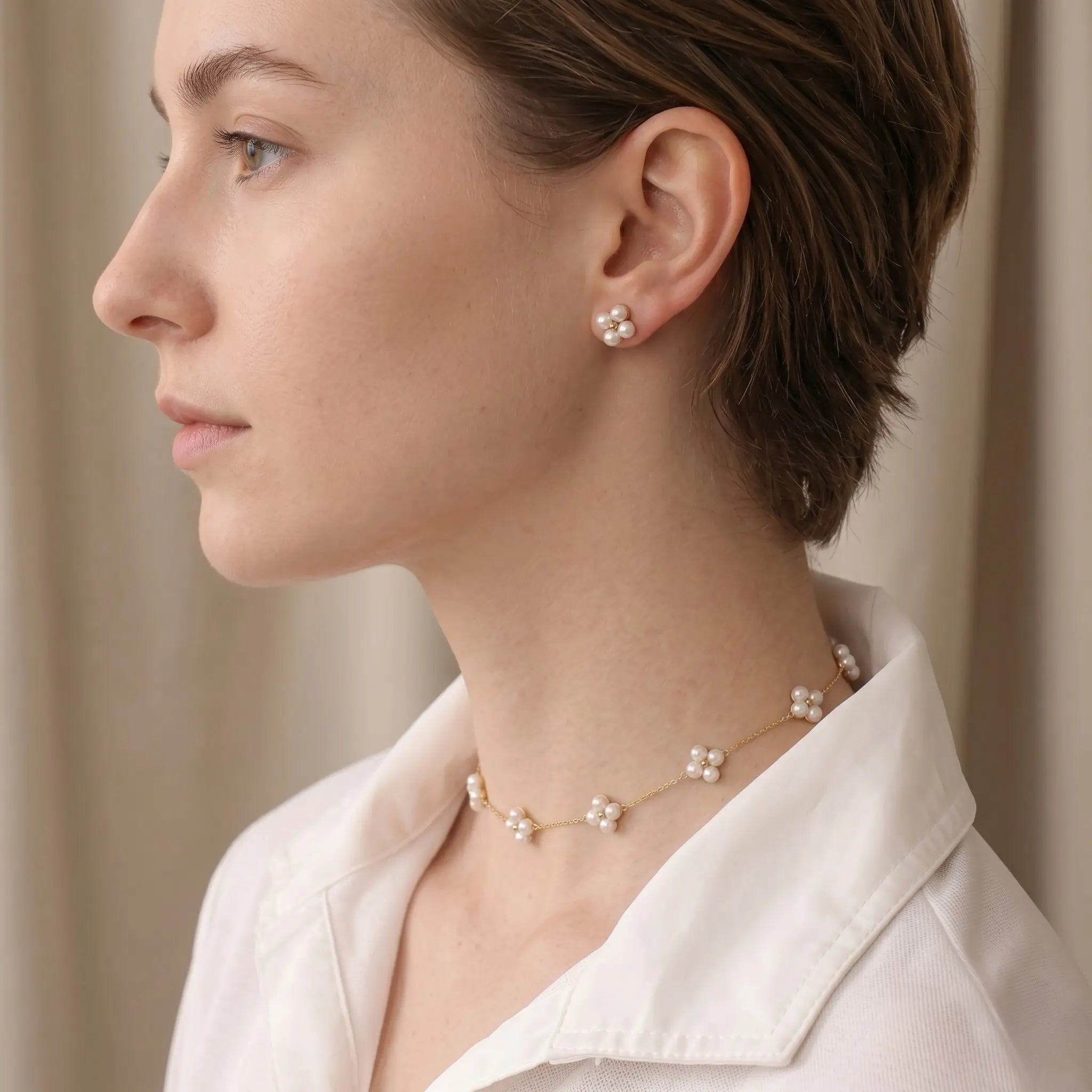 Dainty 18K Solid Gold Berry Pearl Station Choker Necklace for Women