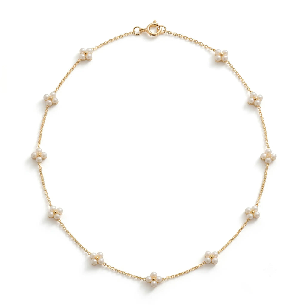 Dainty 18K Solid Gold Berry Pearl Station Choker Necklace for Women