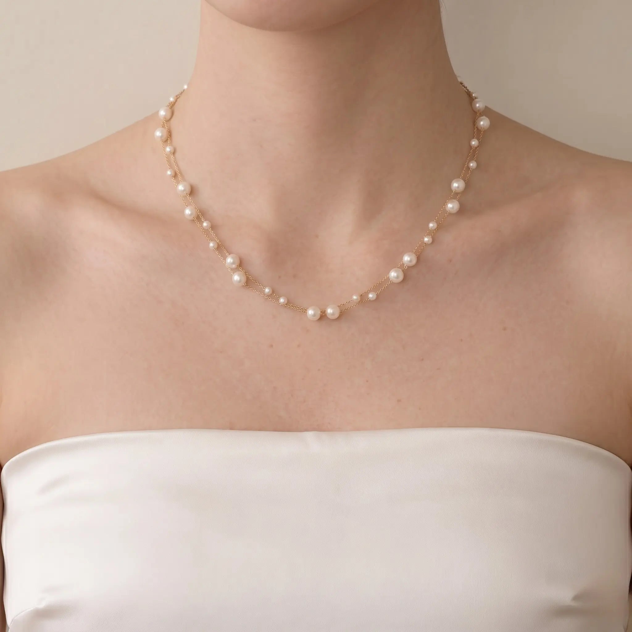 Dainty 18K Solid Gold Double Strand Pearl Necklace, Two Layer Real Freshwater Baby Pearl Choker for Bride Wedding