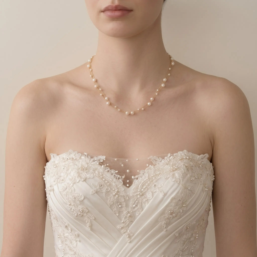 Dainty 18K Solid Gold Double Strand Pearl Necklace, Two Layer Real Freshwater Baby Pearl Choker for Bride Wedding