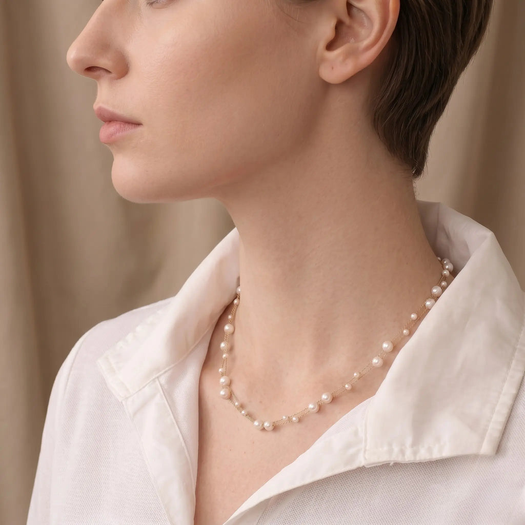 Dainty 18K Solid Gold Double Strand Pearl Necklace, Two Layer Real Freshwater Baby Pearl Choker for Bride Wedding
