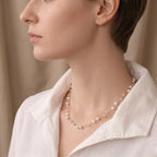 Dainty 18K Solid Gold Double Strand Pearl Necklace, Two Layer Real Freshwater Baby Pearl Choker for Bride Wedding