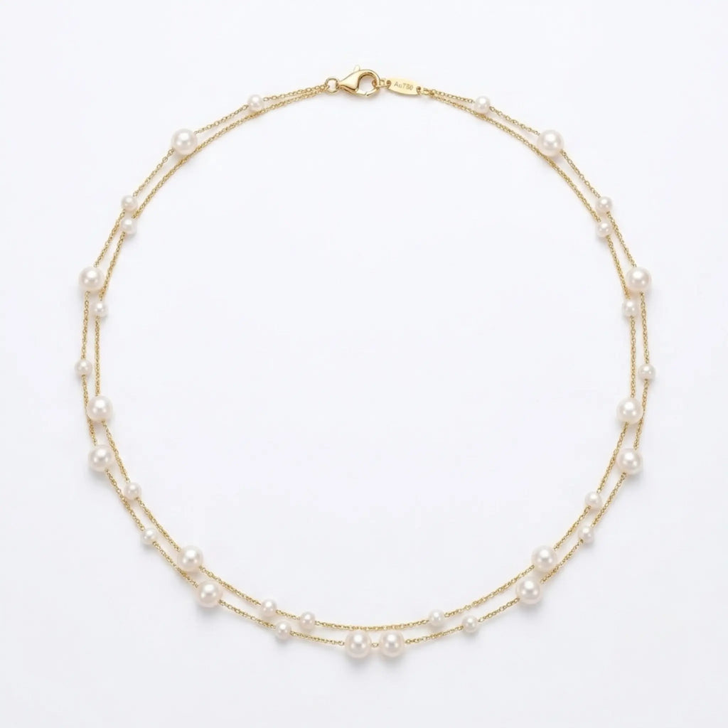Dainty 18K Solid Gold Double Strand Pearl Necklace, Two Layer Real Freshwater Baby Pearl Choker for Bride Wedding