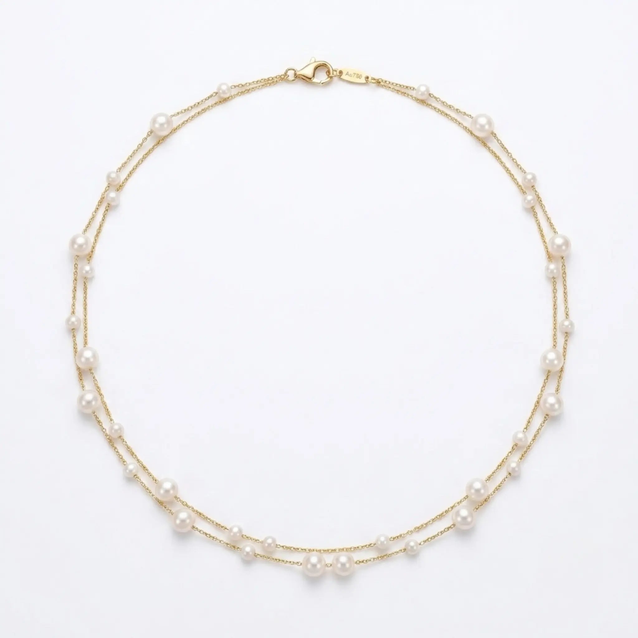 Dainty 18K Solid Gold Double Strand Pearl Necklace, Two Layer Real Freshwater Baby Pearl Choker for Bride Wedding