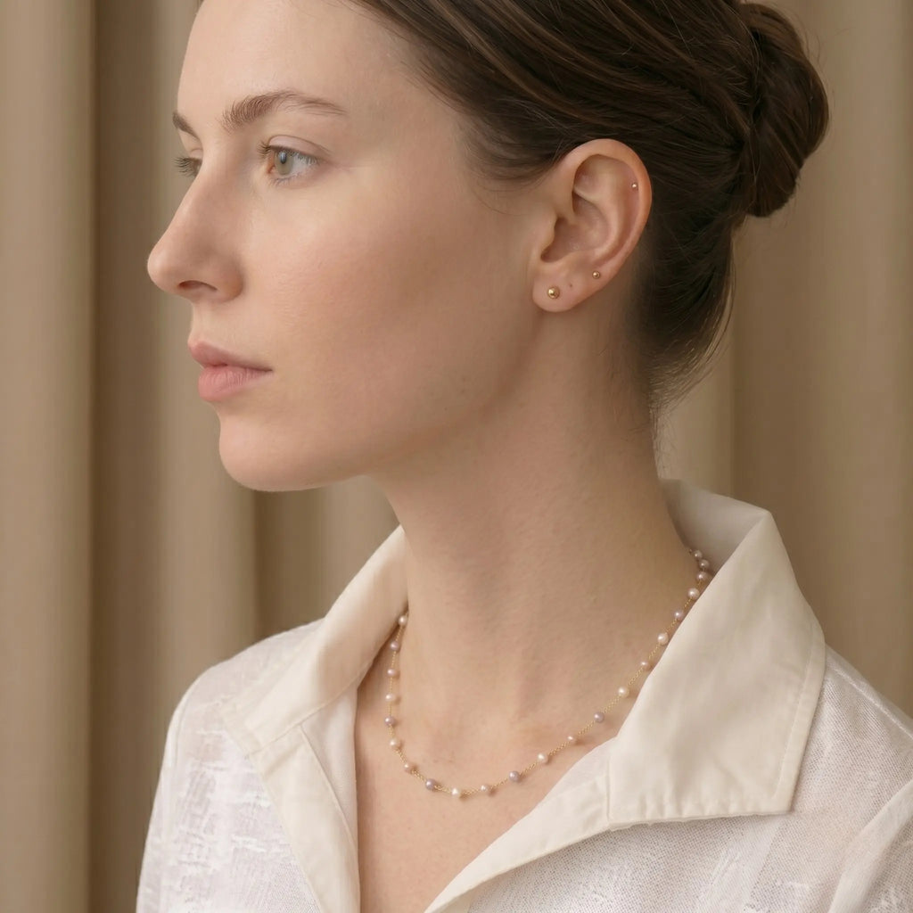 Dainty 18K Solid Gold Pink Pearl Station Necklace for Women