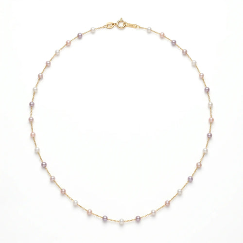 18K solid yellow gold station necklace with alternating 3-3.5mm multicolor white pink and purple baby pearls along an ultra-fine chain.