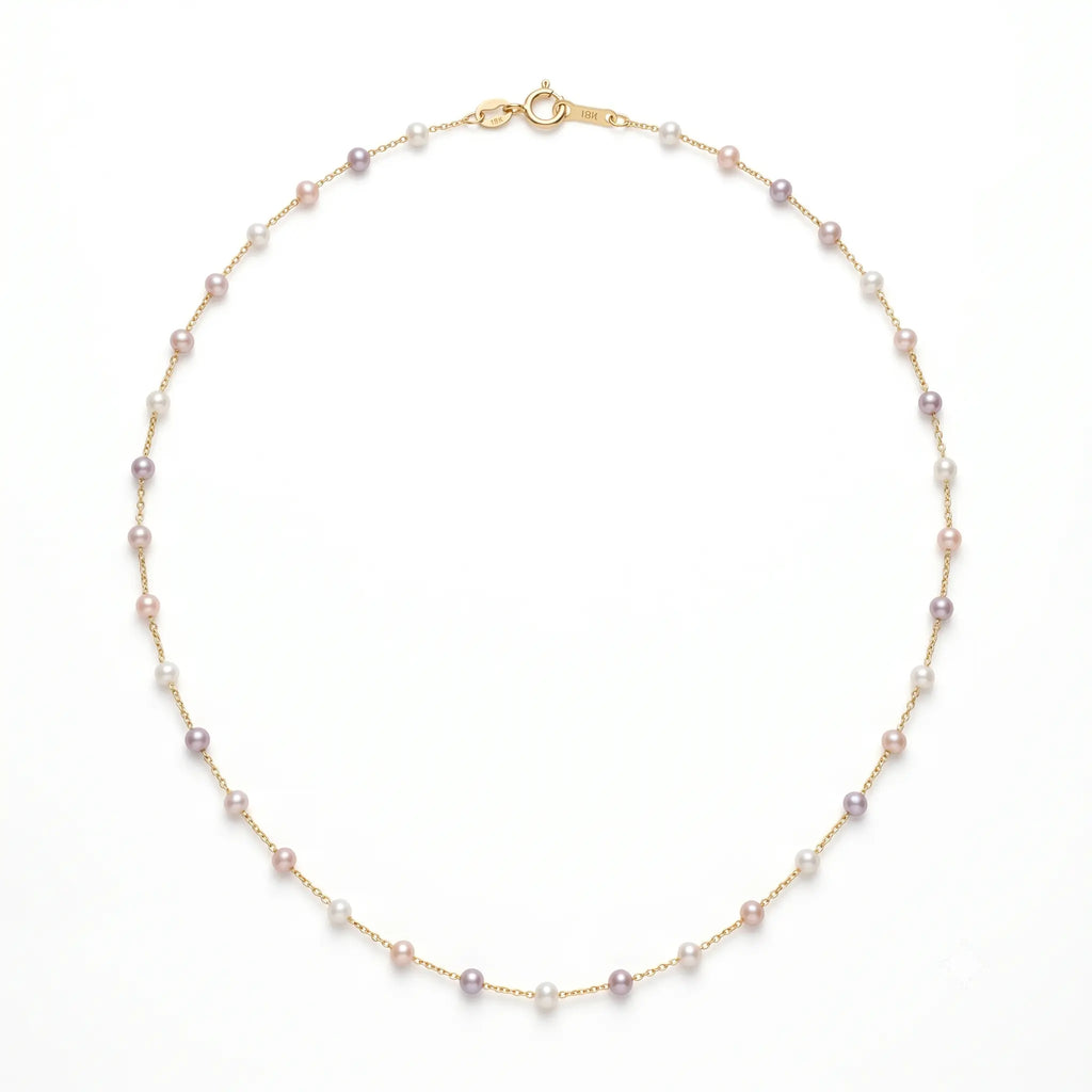 18K Solid Gold Pink Pearl Choker 3-3.5mm Freshwater Pearl Station Chain for Bridal & Wedding