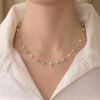 Dainty 18K Solid Gold Pink Pearl Station Necklace for Women
