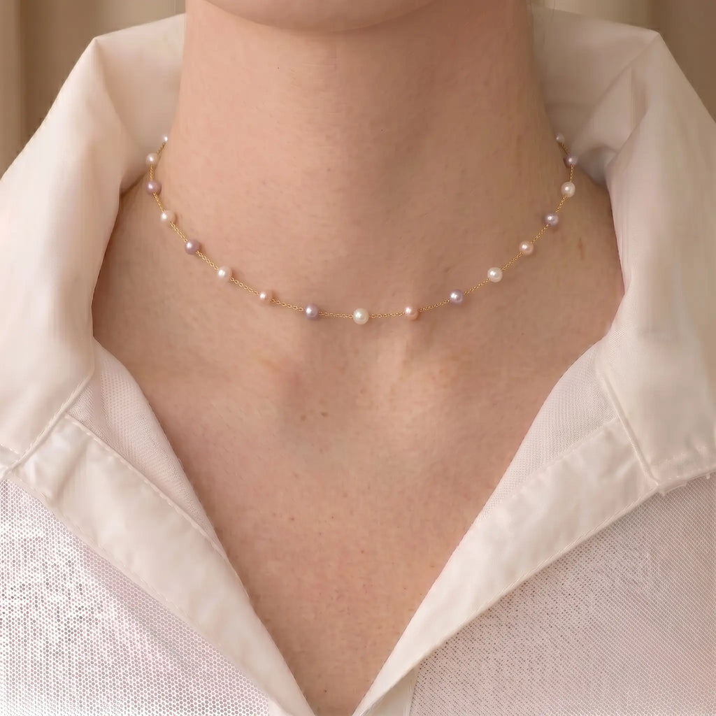 18K Gold 3-3.5mm Multicolor Tiny Pearl Station Choker