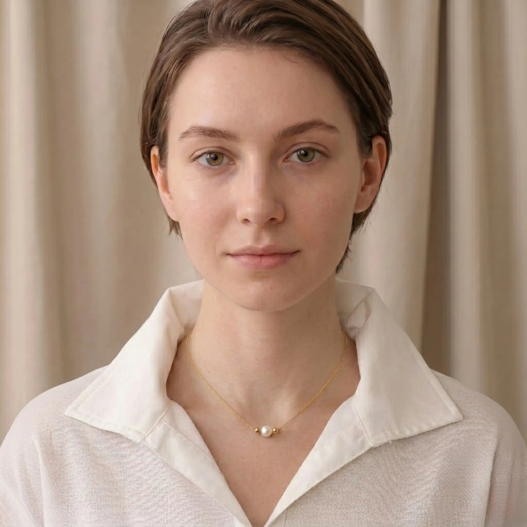 Dainty 18K Solid Gold Single Pearl Necklace for Women, Minimalist Real Freshwater Pearl Choker with Gold Beads