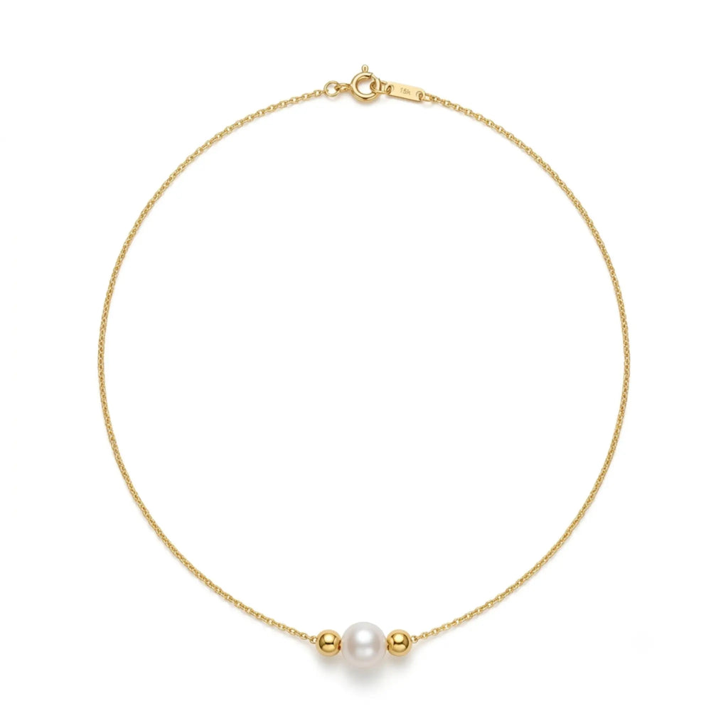 Dainty 18K Solid Gold Single Pearl Necklace for Women, Minimalist Real Freshwater Pearl Choker with Gold Beads