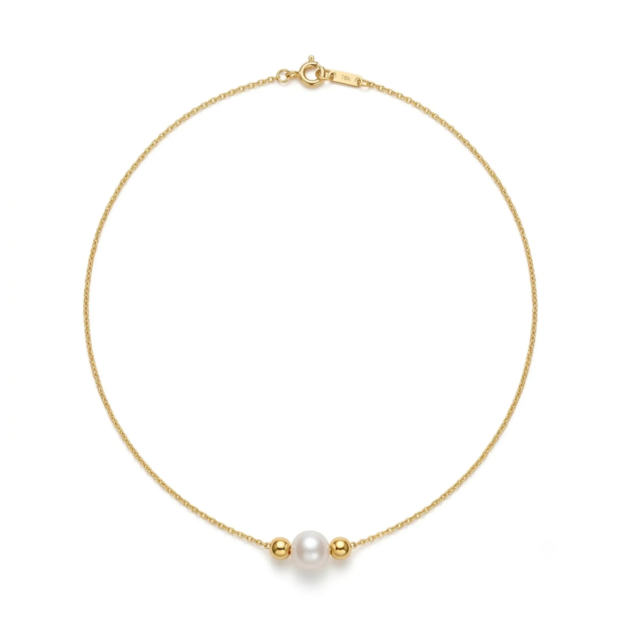 Dainty 18K Solid Gold Single Pearl Necklace for Women, Minimalist Real Freshwater Pearl Choker with Gold Beads