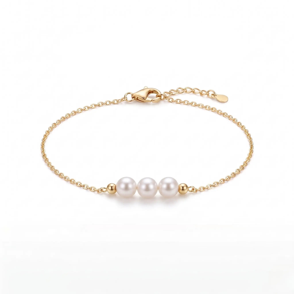 Dainty 18K Solid Gold Triple Pearl Bracelet, Minimalist 3.5mm Real Freshwater Pearl Strand Bracelet