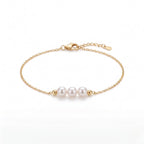 Dainty 18K Solid Gold Triple Pearl Bracelet, Minimalist 3.5mm Real Freshwater Pearl Strand Bracelet