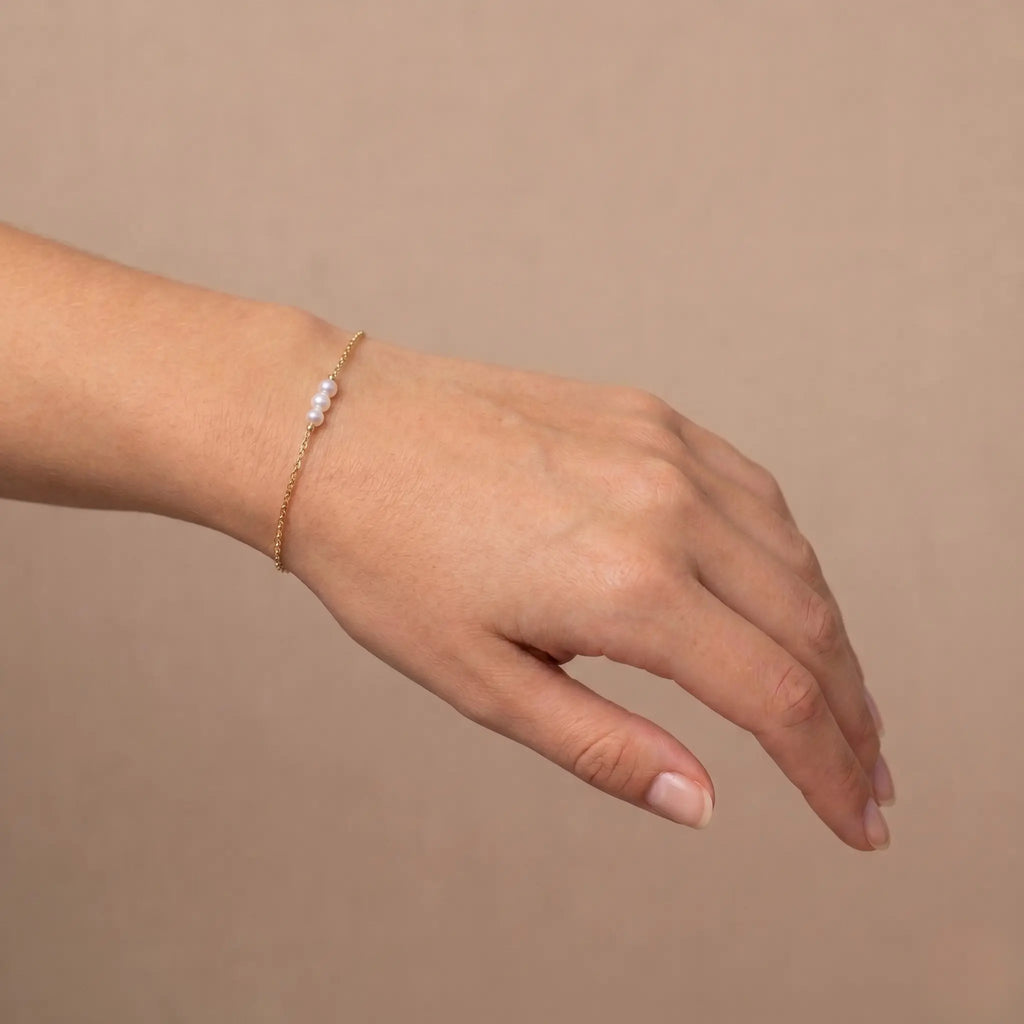 Dainty 18K Solid Gold Triple Pearl Bracelet, Minimalist 3.5mm Real Freshwater Pearl Strand Bracelet