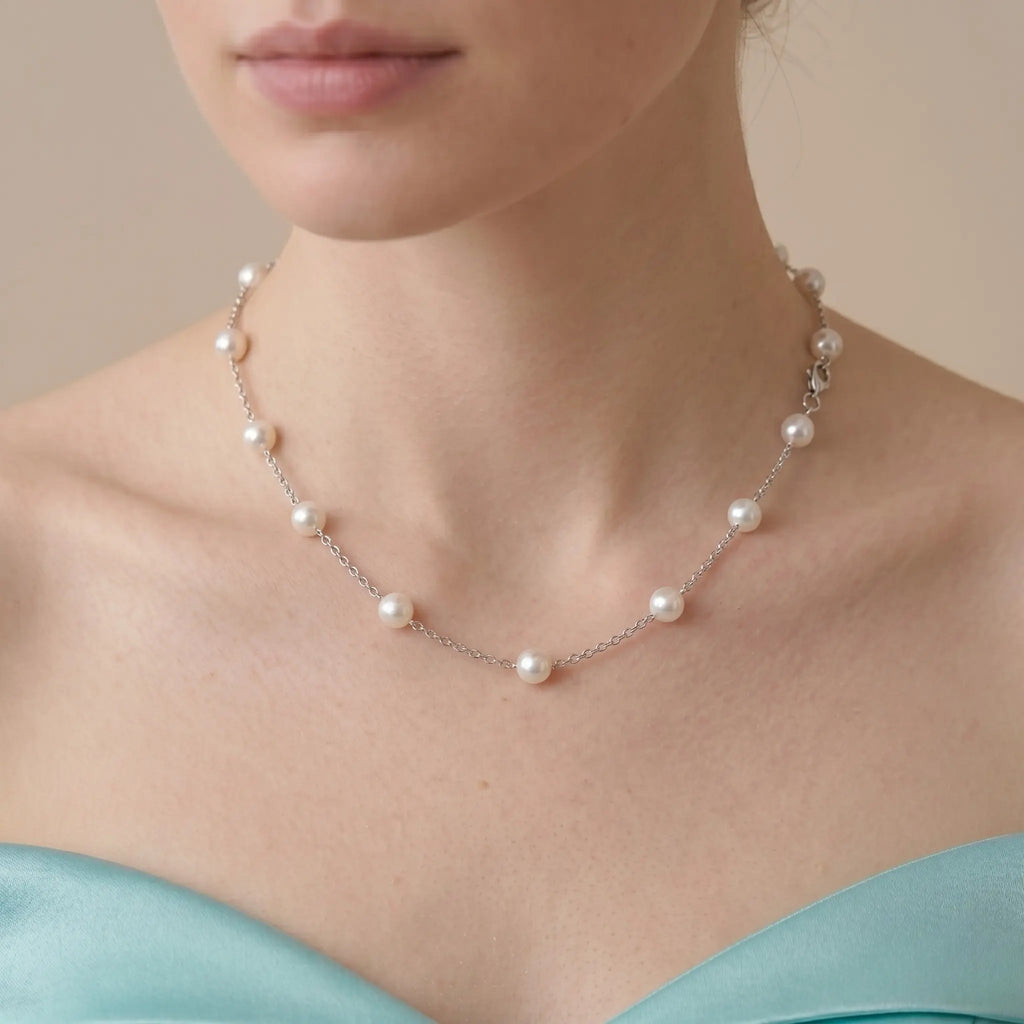 Dainty Bridesmaid Pearl Gift Necklace, 18K White Gold Plated Silver Station Pearl Chain