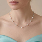 Dainty Bridesmaid Pearl Gift Necklace, 18K White Gold Plated Silver Station Pearl Chain