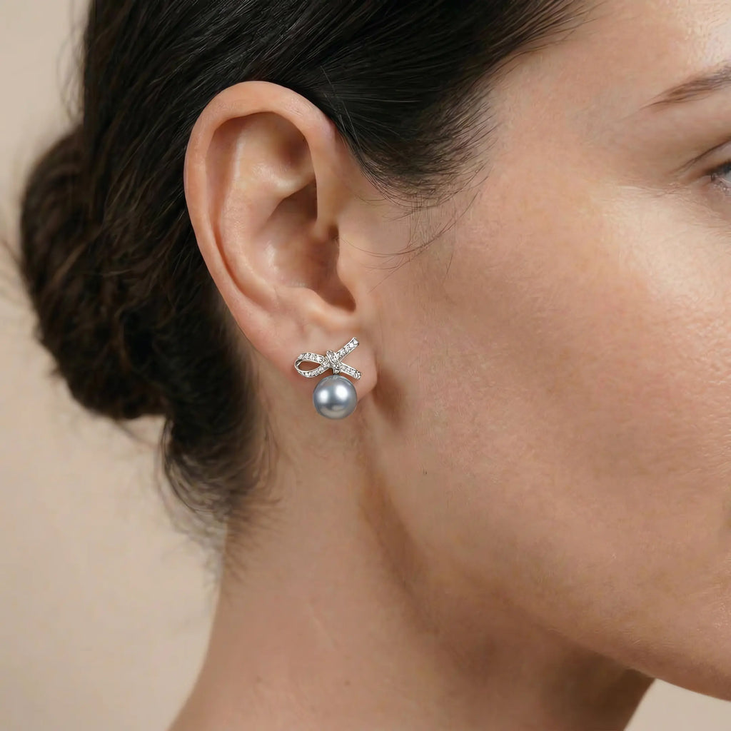 Sparkling Ribbon Bow Pearl Studs - Elegant 925 Silver Coquette Earrings