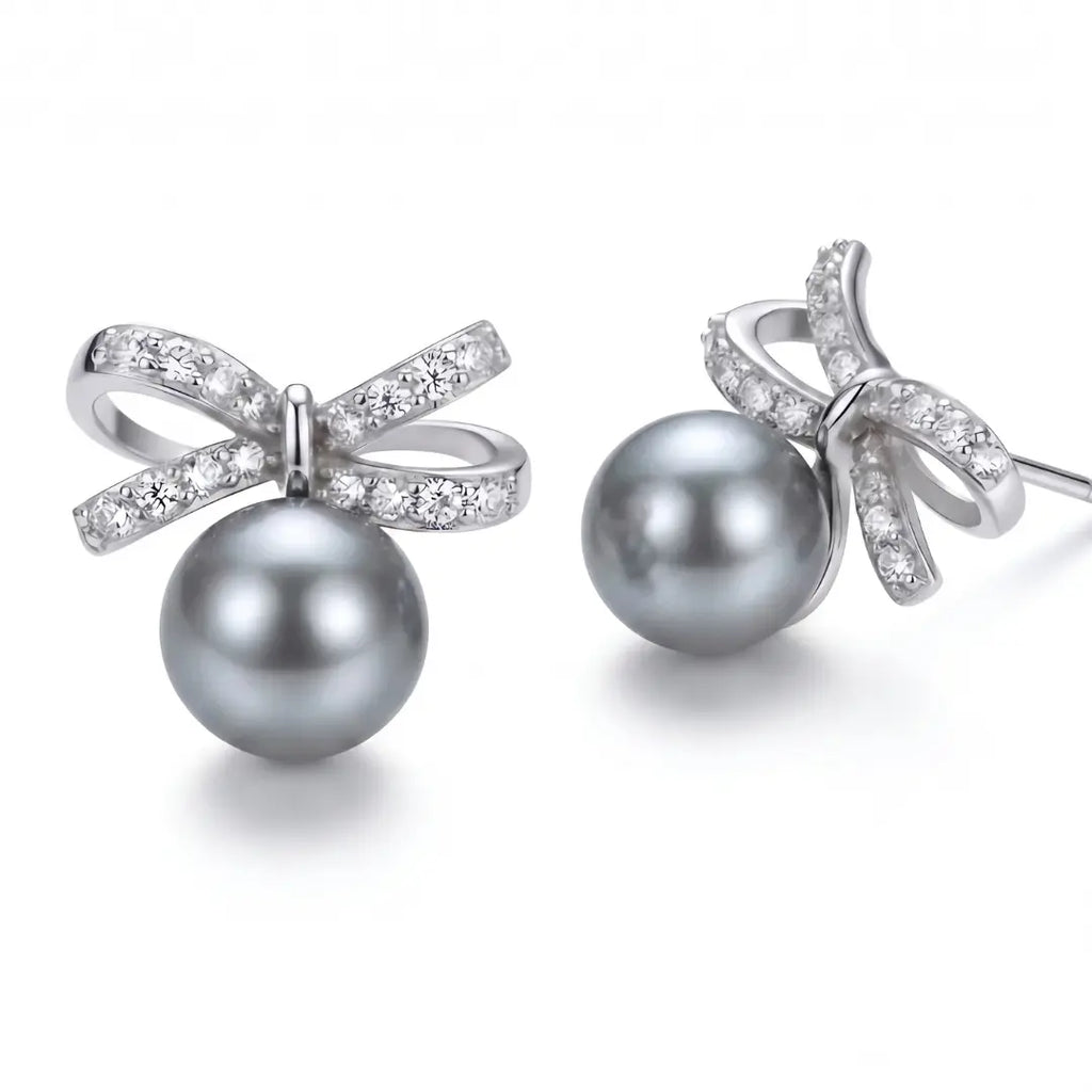 Sparkling Ribbon Bow Pearl Studs - Elegant 925 Silver Coquette Earrings