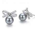 Sparkling Ribbon Bow Pearl Studs - Elegant 925 Silver Coquette Earrings