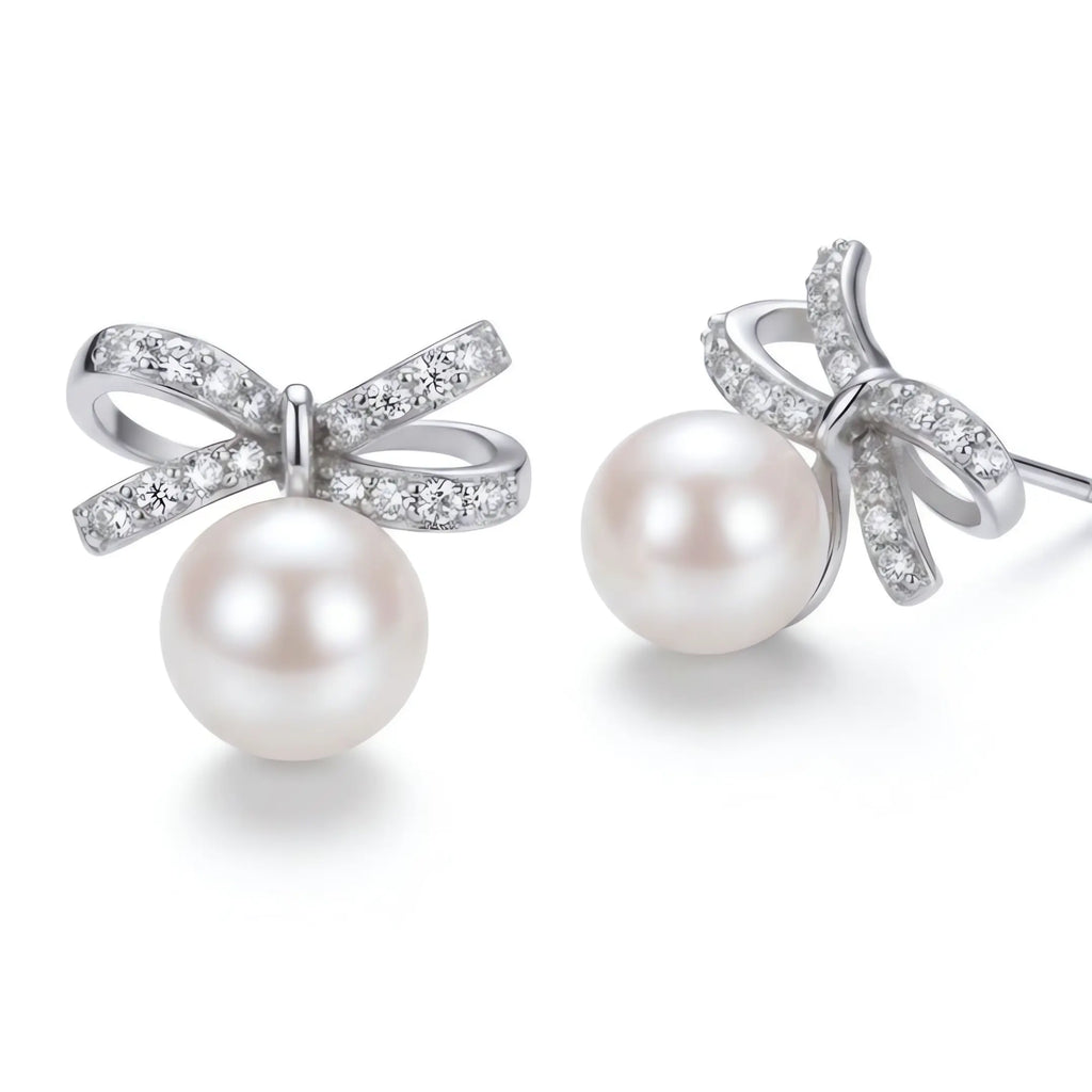 Sparkling Ribbon Bow Pearl Studs - Elegant 925 Silver Coquette Earrings