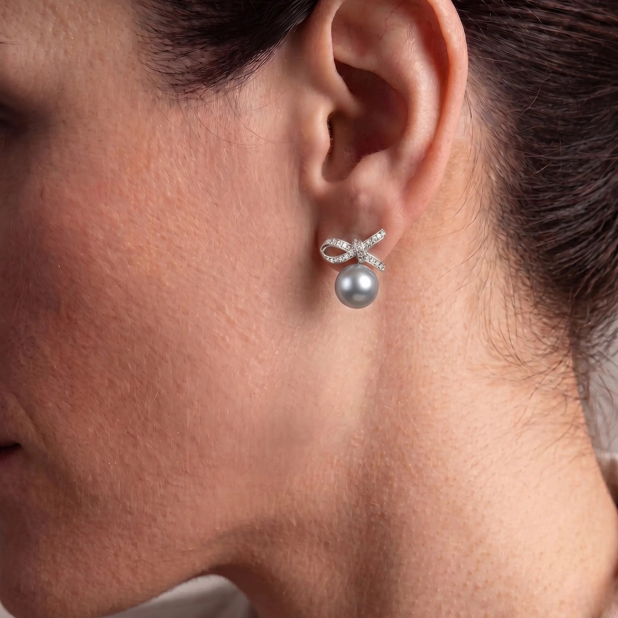 Sparkling Ribbon Bow Pearl Studs - Elegant 925 Silver Coquette Earrings