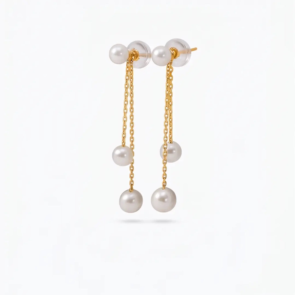 18K Gold Japanese Akoya Pearl Drop Earrings, 5-5.5mm Genuine White Pearls