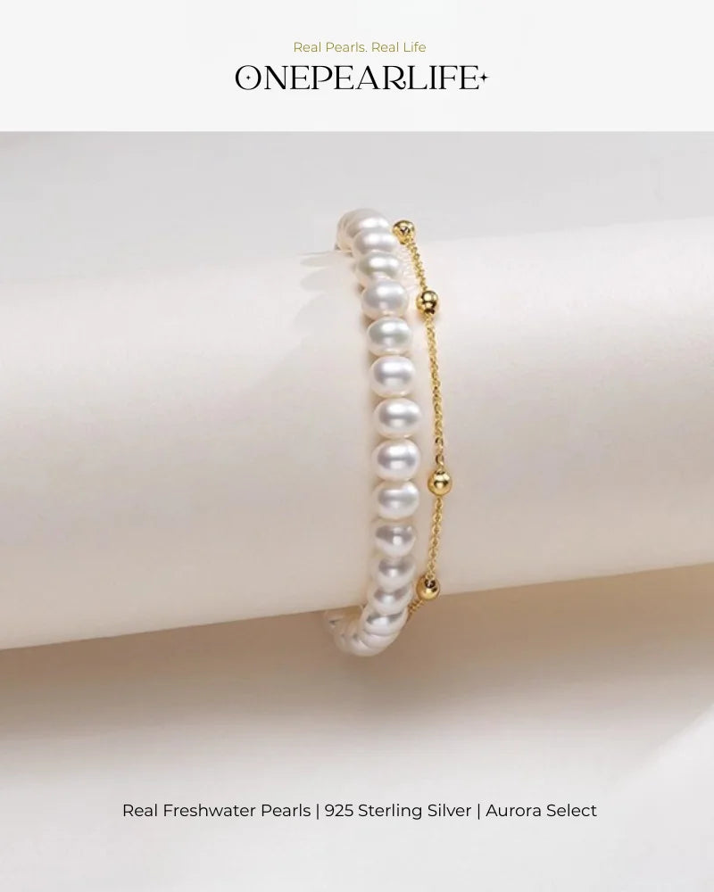 Double-Layer White Pearl Bracelet, Classic 6-7mm Freshwater Pearl Strand for Women