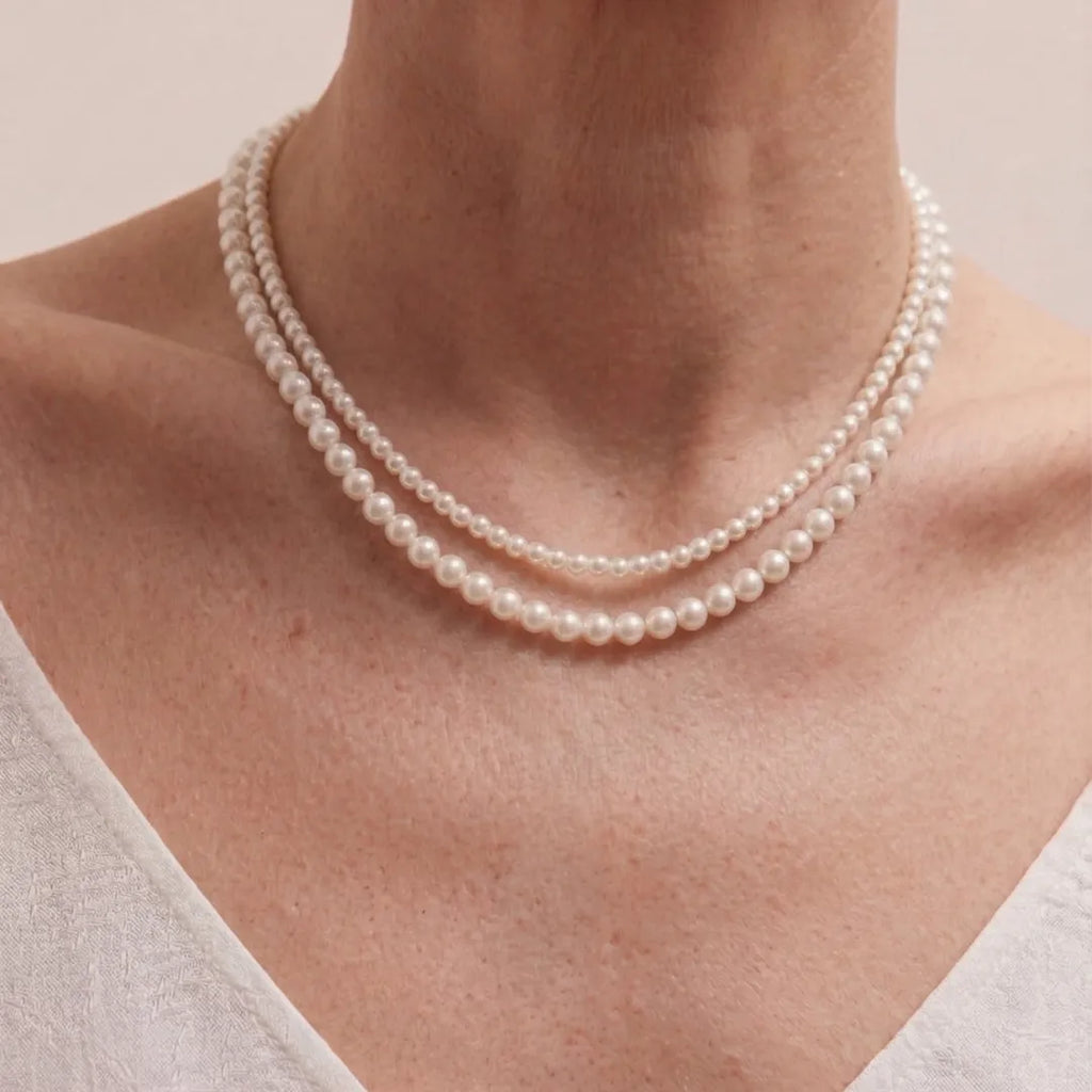 AAA Double-Strand Freshwater Pearl Necklace, 3-7.5mm Graduated White Pearls