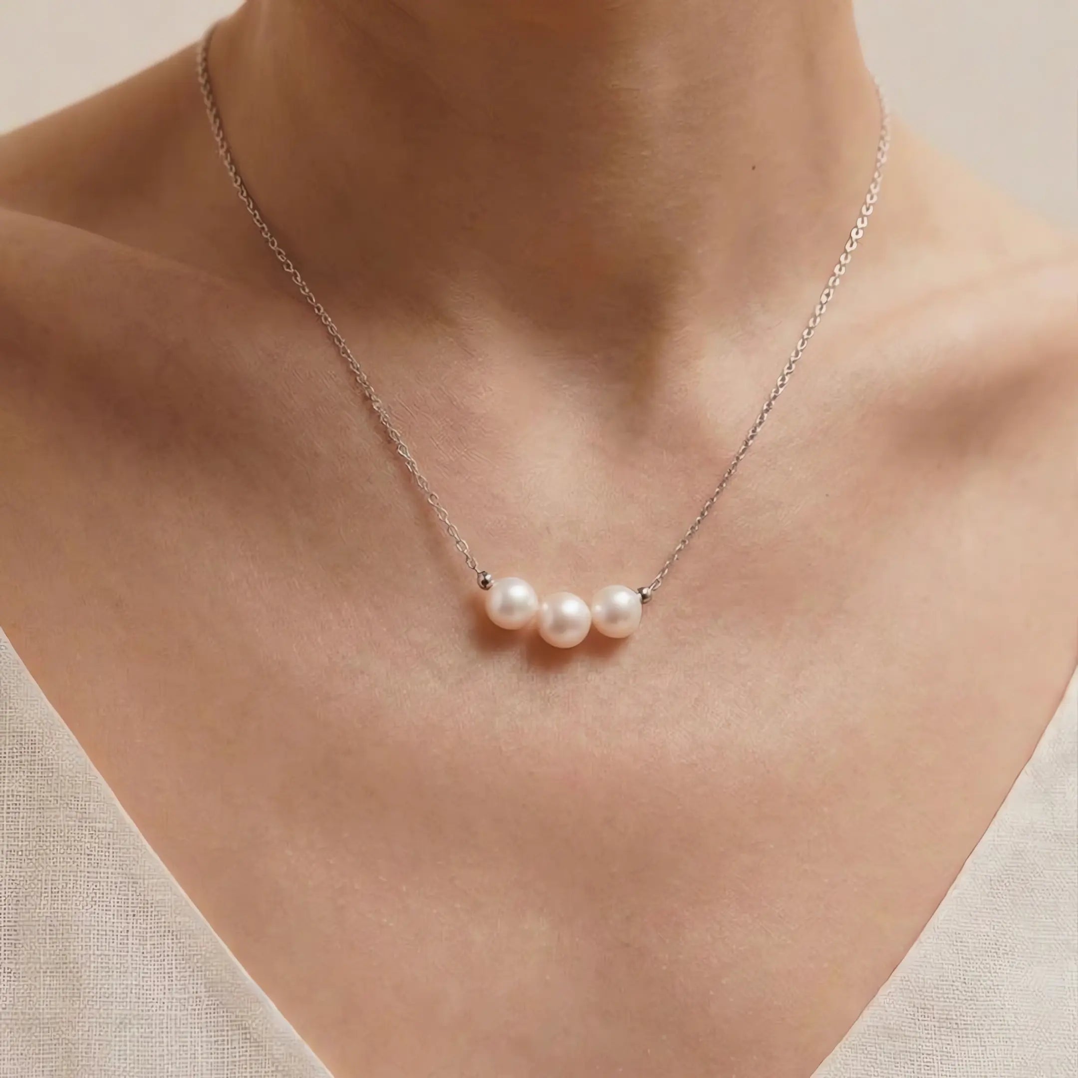 7-7.5mm Natural White Freshwater Triple Pearl Necklace