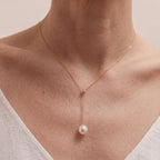 18K Gold Japanese Akoya Pearl Y Necklace, 8-8.5mm Large White Pearl Pendant
