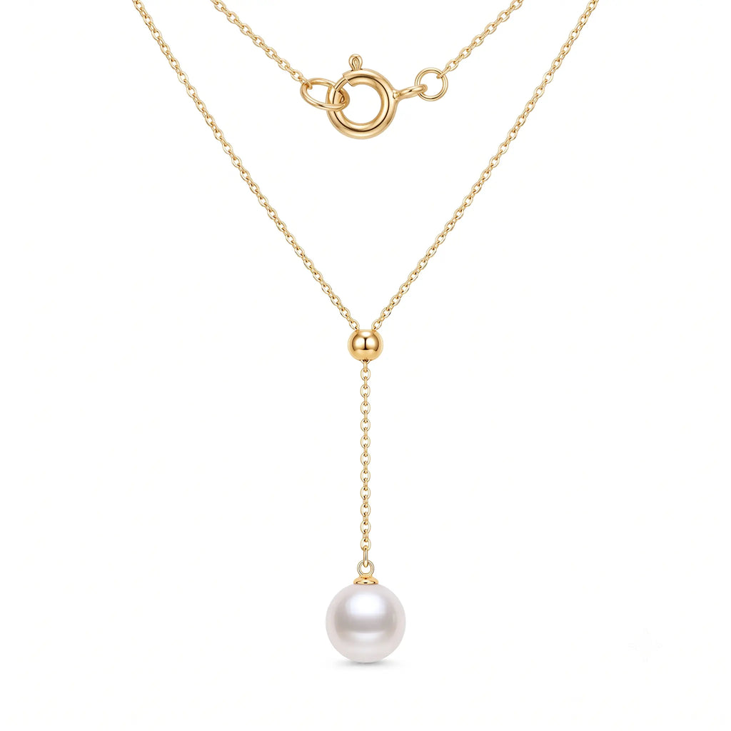 18K Solid Gold Bridal Y Lariat Pearl Necklace with 9-9.5mm Freshwater Pearls