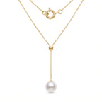 18K Solid Gold Bridal Y Lariat Pearl Necklace with 9-9.5mm Freshwater Pearls