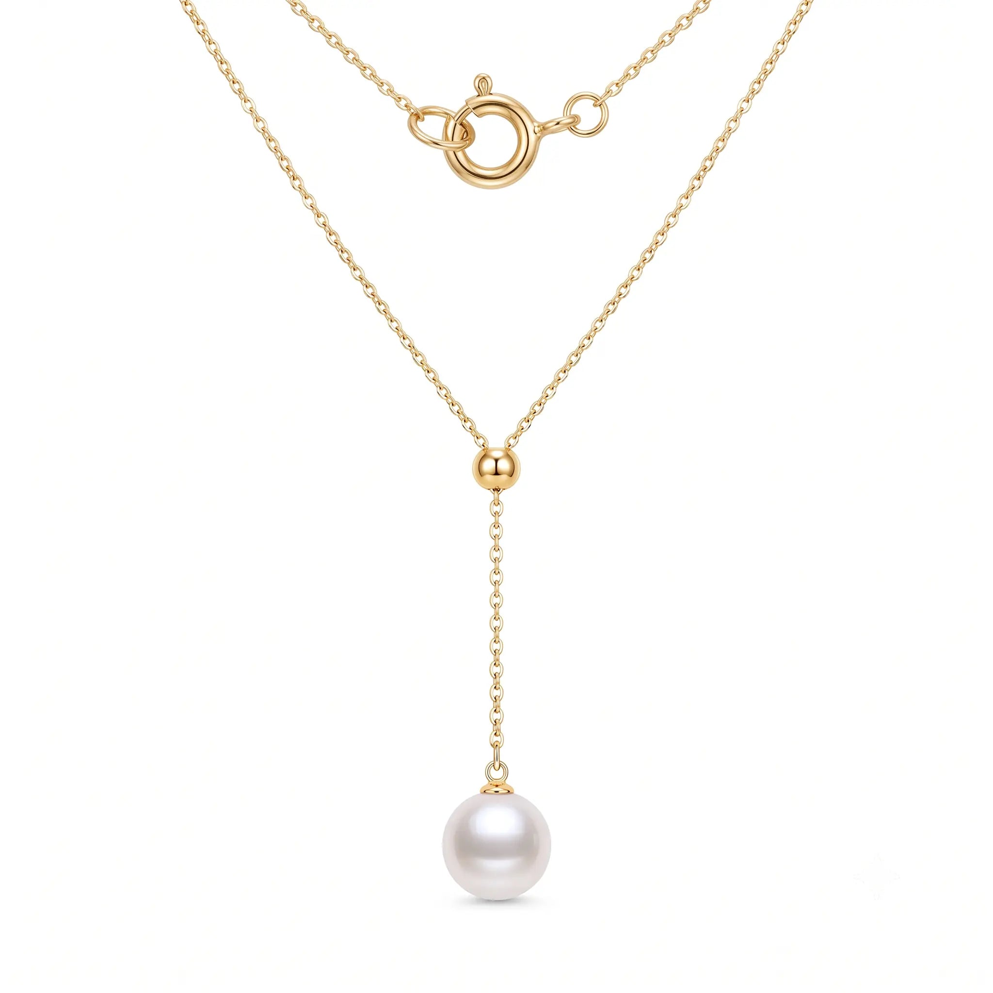 18K Solid Gold Au750 Pearl Y Lariat Necklace for Brides, 9-9.5mm Real Cultured Drop Pendant, Wedding Fine Jewelry