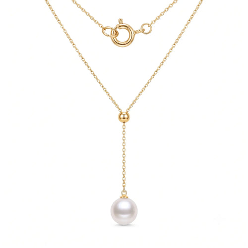 18K Solid Gold Au750 Pearl Y Lariat Necklace for Brides, 9-9.5mm Real Cultured Drop Pendant, Wedding Fine Jewelry
