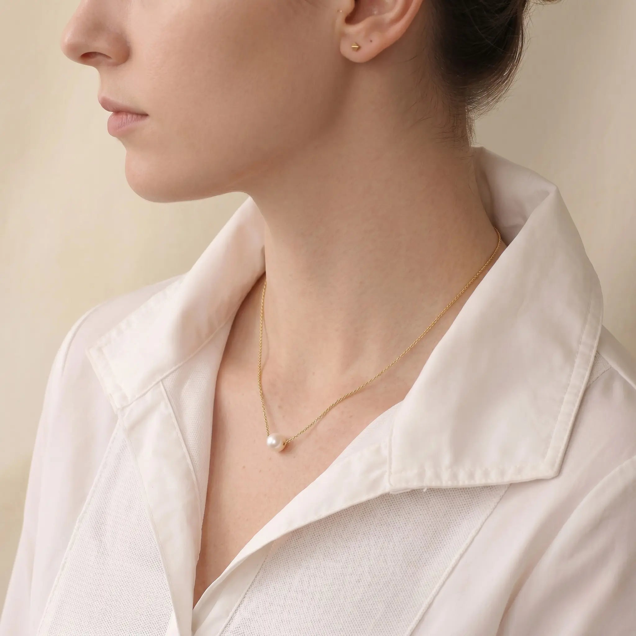 Everyday Solid 18K Gold Floating Akoya Pearl Necklace, 7-7.5mm Japanese Akoya Pearl Pendant for Daily Wear