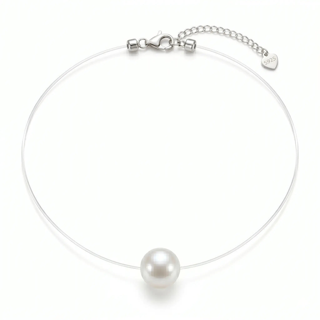 Studio shot of the invisible nylon thread solitaire pearl pendant necklace on a clean white background.
