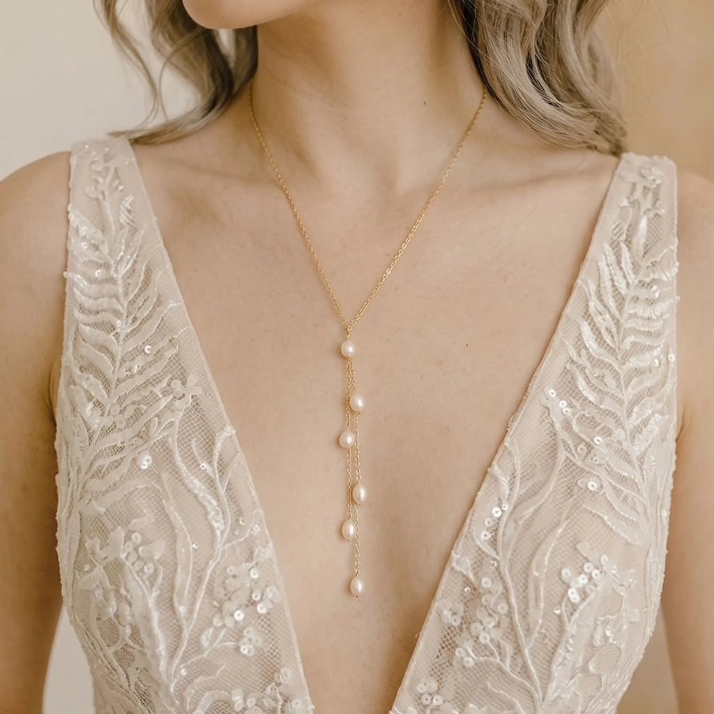 18K Gold Pearl Y-Necklace Minimalist Multi-Stone Lariat Drop Necklace, Freshwater Pearl Tassel Bridal Wedding Jewelry