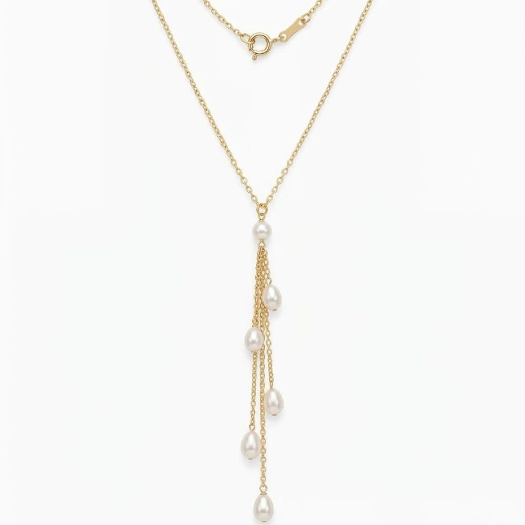 18K Gold Pearl Y-Necklace Minimalist Multi-Stone Lariat Drop Necklace, Freshwater Pearl Tassel Bridal Wedding Jewelry